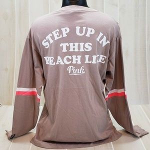 Victoria's Secret PINK Medium Campus Tee Button Oversized New Tan Long Sleeve